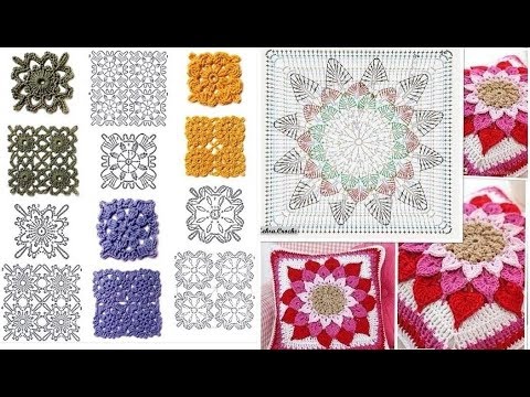 Квадратные мотивы крючком для покрывала, подушки, пледа, сумки, ковра