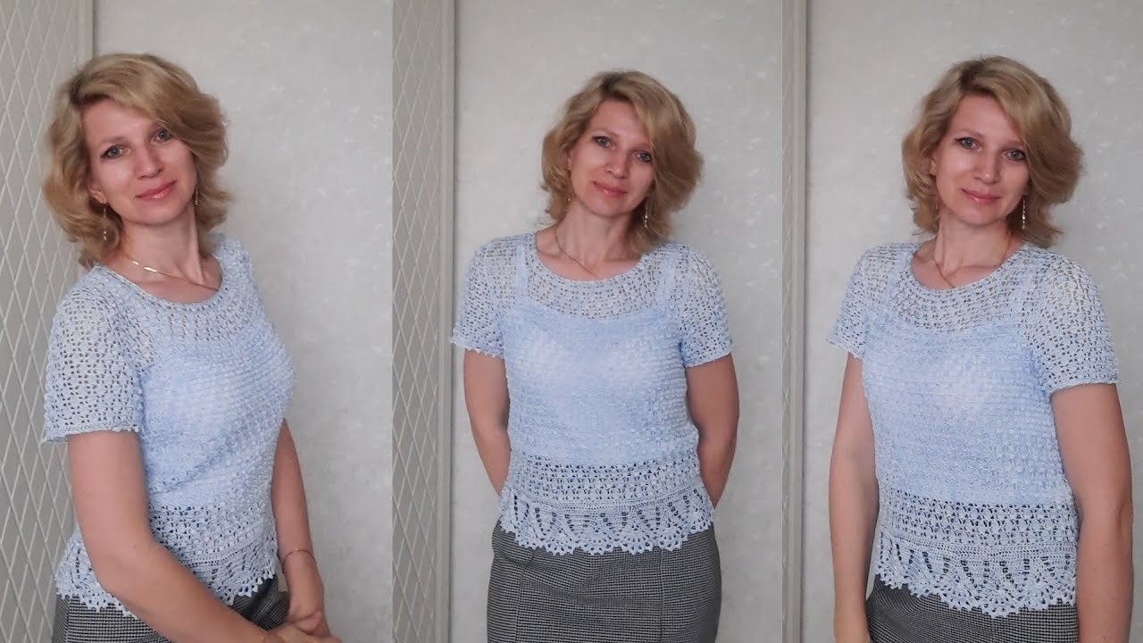 Блузка крючком. /МК описание + МК эластичного набора и узора.