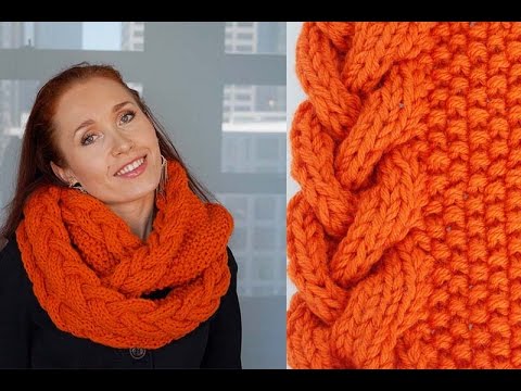 Вяжем снуд с объемной косой спицами